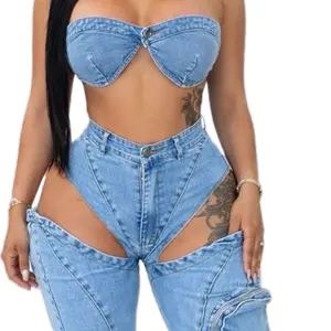 Denim Set - Strapless Top & High-Waisted Jeans for Women's Fashion