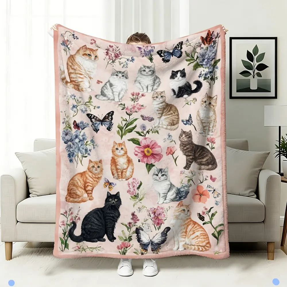 [Cozy Fluffy Fleece Blanket] 1pc Blanket Cozy Soft Fluffy Fleece Throw Blanket with Cute Cats And Floral Design Perfect for Couch Sofa Bed Or Living Room Warm And Comfortable for All Season Use Excellent Gift Idea Blanket