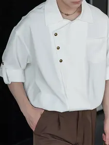 INCERUN Men's Fashion Casual Button Collared Solid Color Loose Short Sleeve Shirt, Slanted Collar New Chinese Style Top, Summer Daily Wear