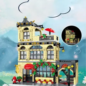 1489PCS Light-Up Restaurant Building Kit - Brick-Compatible, with Balcony, Stairs, Dining Table,   DIY Mechanism, STEM Toy, Desktop Decor, Ideal Gift for Teenage Brick Enthusiasts