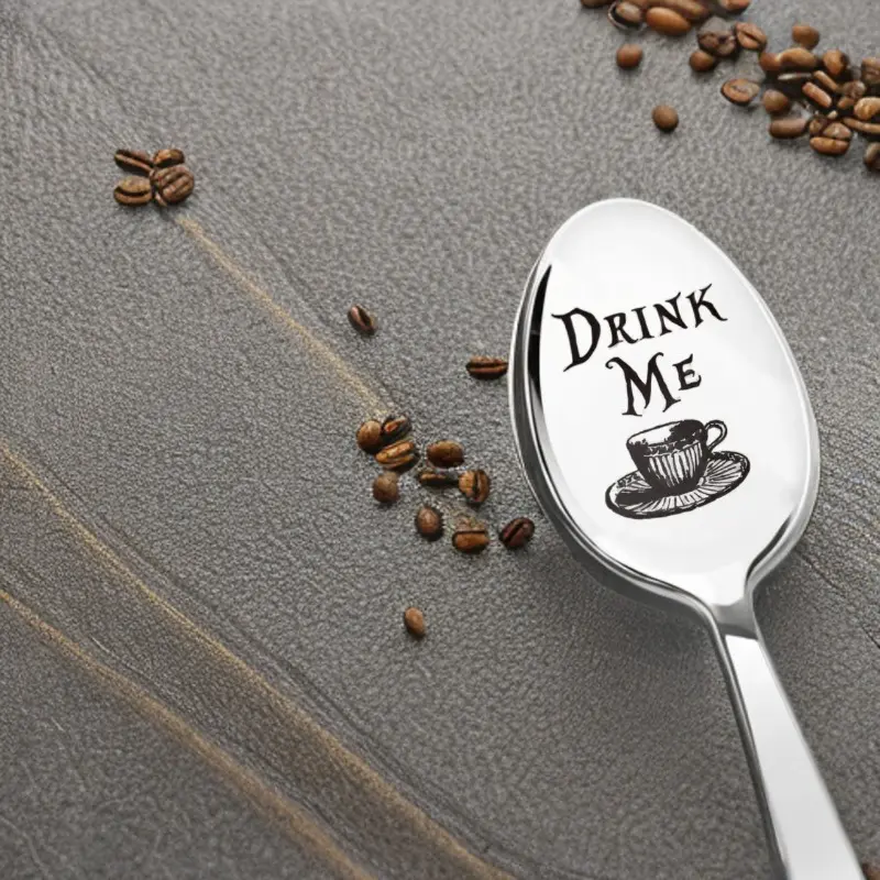 Drink Me Engraved Stainless Steel Spoon – Funny Coffee & Tea Lover Gift, Elegant Long Handle Design, Perfect for Birthdays, Christmas, or Tea Parties, Birthday Spoon Gift | Whimsical Spoon Design | Polished Finish
