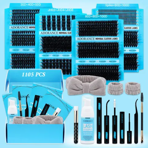 ADORANCE PBT Cluster Lashes Kit, 1105PCS 12-Style Eyelash Spikes Set with Bond, Seal, Remover, Brush, Applicator, Headband, Wristband, Lash Shampoo – Cosmetic Gift for Beginners’ Daily DIY Home Use (False Eyelashes & Adhesives Kit)