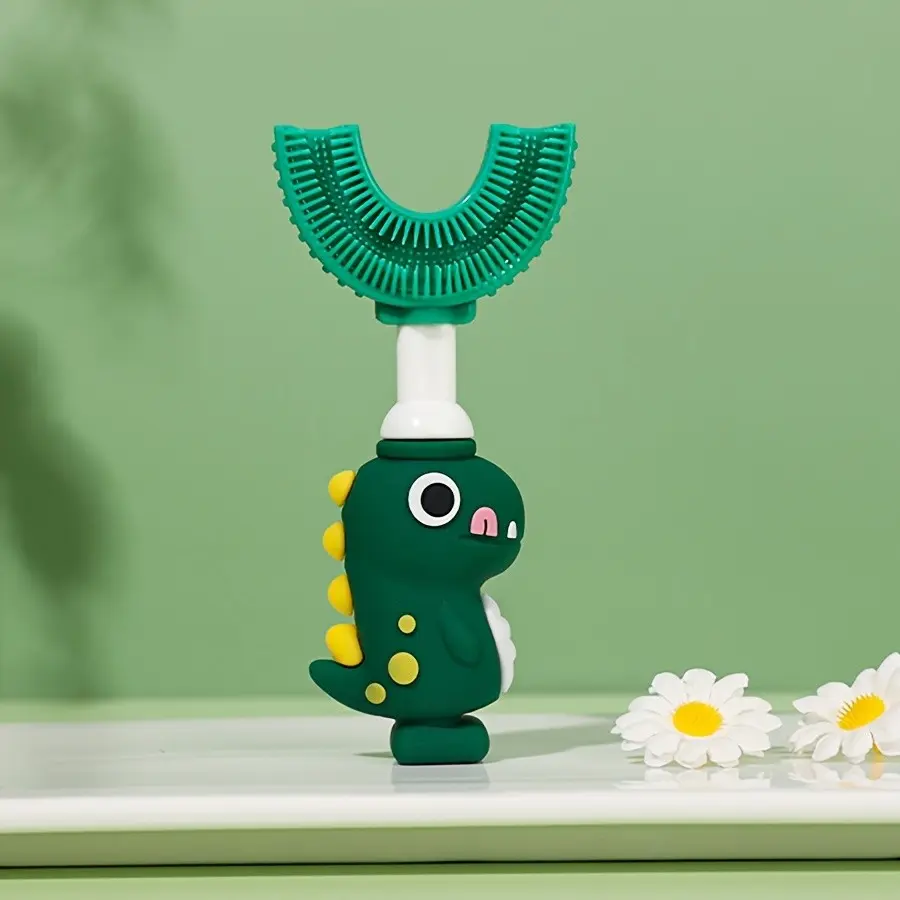 Dinosaur Shape U-Type Toothbrush, 360° Cleaning, Food Grade Silicone, Fun Design for Kids, Encourages Independent Brushing