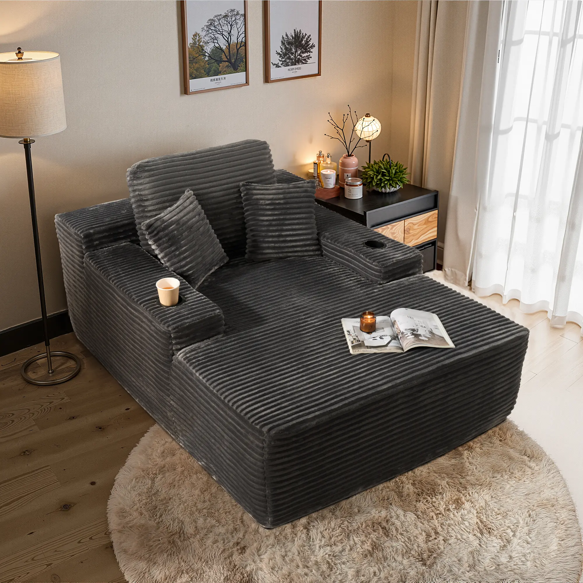 ALTRIGUS 67'' Corduroy Chaise Lounge Sofa Bed with Cup Holders & Reading Chair Indoor Oversized Upholstered Couch for Office Living Room No Assembly Required