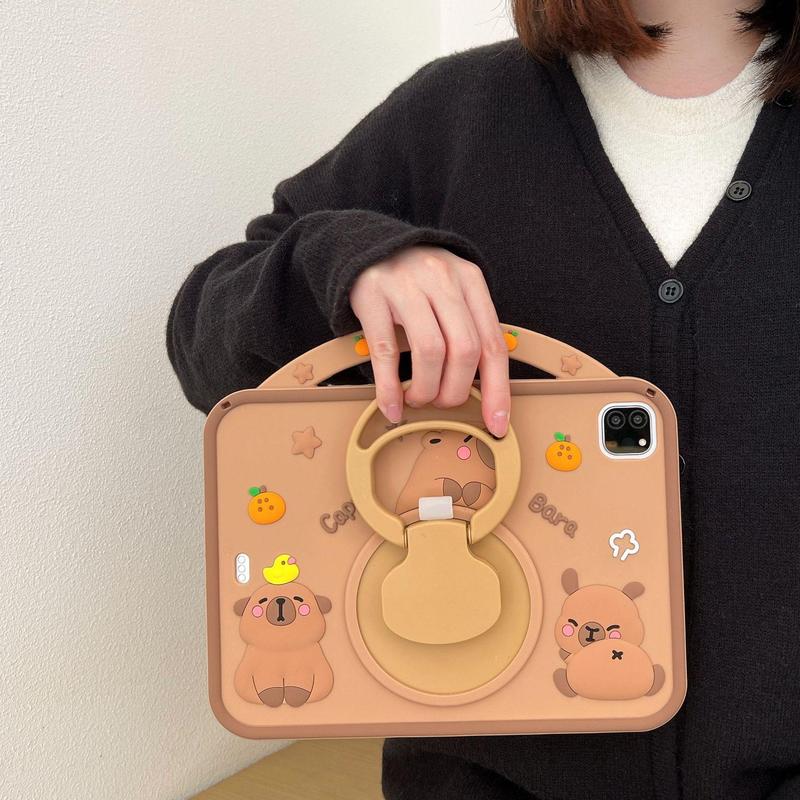 Cute Cartoon Capybara Pattern Tablet Case, 360 Degree Rotatable Stand Soft Silicone Tablet Protective Cover, Tablet Accessories Compatible with iPad, Tablet Casing