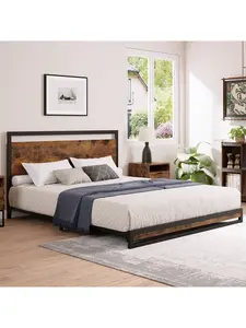 6 Inch Metal Platform Bed Frame With Wooden Headboard And Footboard, Mattress Foundation, Easy To Assemble, Rustic Brown,TWIN Furniture Bedroom