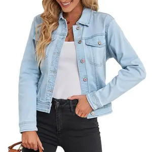 Women’s basic button-style elastic slim-fit long-sleeve denim jacket, casual collared jacket, women’s clothing GARMENTARY