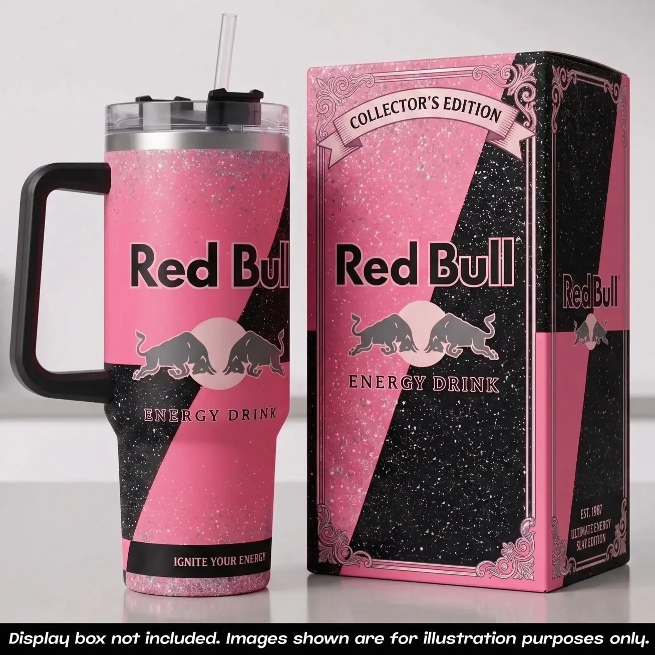 Red Bull 40oz Tumbler With Handle No Box, Energy Drink RB Pink Glitter Travel Mug, Ignite Your Energy Stainless Steel Insulated Cup, Charging Bulls Sports Drinkware, Cold Iced Coffee Water Tumbler, Extreme Sports Fan Gifts