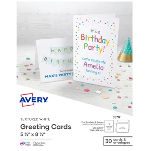 Avery Printable Half-Fold Greeting Cards, Envelopes Included, 5.5" x 8.5", Textured White, Laser & Inkjet Compatible, 30 Blank Cards Total (3378)