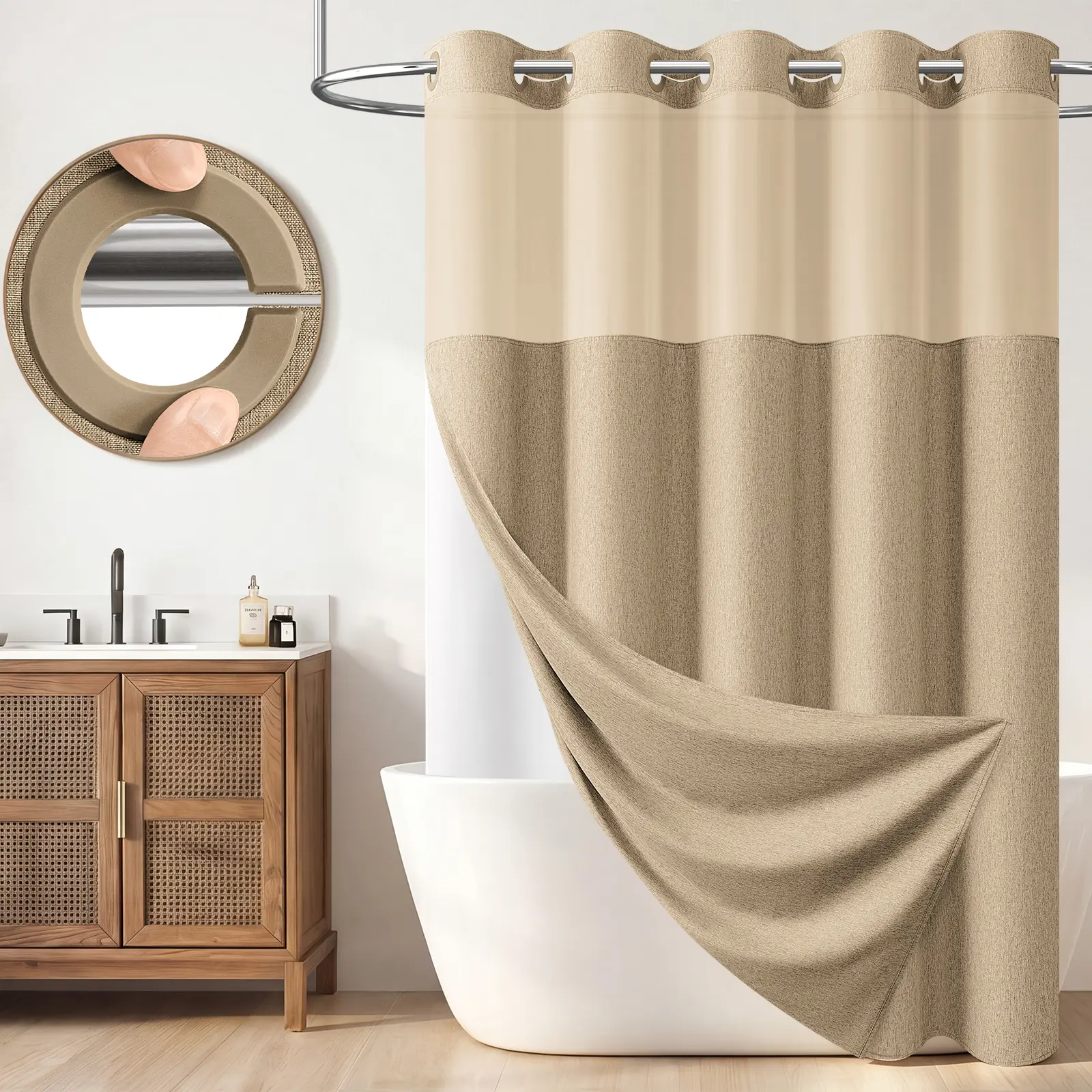DYNAMENE No Hook Faux-Linen Shower Curtain Set with Snap-In Wahsable Liner, Mesh Window and Weighted Magnats, Two Layer Water-Resistant Machine Washable Bathroom Curtain for Home, RV, Hotel Use, Cortina de baño sin ganchos