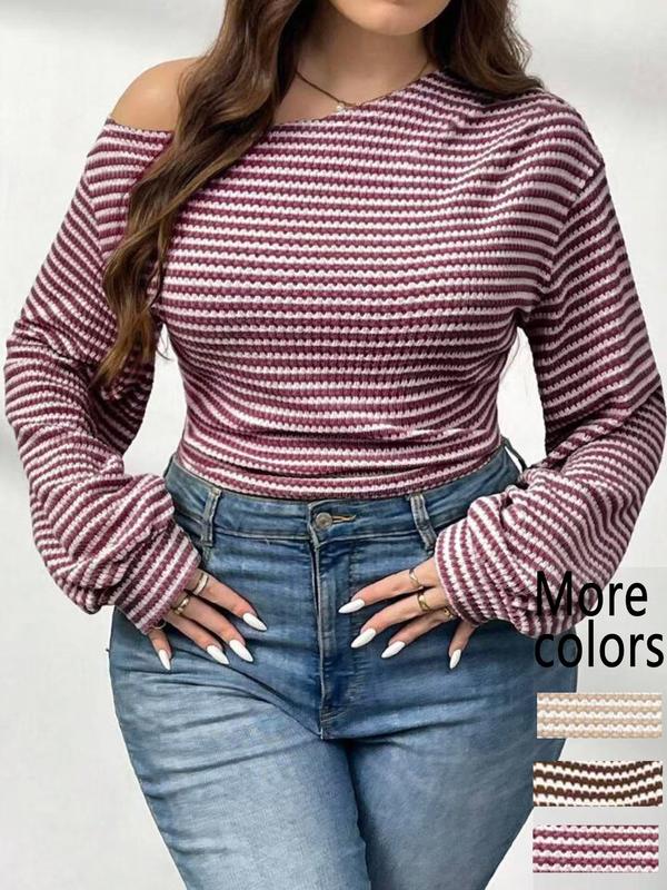 【Plus Size】1 Piece Women's Beige & White Striped Cold Shoulder Long Sleeve Crop Top, Y2K Aesthetic Street Style, Waffle Knit Fabric & Slim Fit, Ruffled Cuff Detail, For Fashion-Forward Women, Perfect for Streetwear, Casual Outings & TikTok Trendy Looks