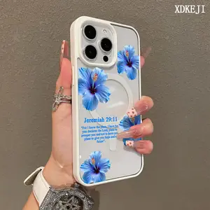 Blue Hibiscus Bible Verses Pattern Premium Magnetic Phone Cases for iPhone 17 Air 16 15 14 Pro Max 13 12 11 Plus Smartphone Shockproof Protection Acrylic Cover Cellphone Protective magsafe magnetic case Resistance Casing