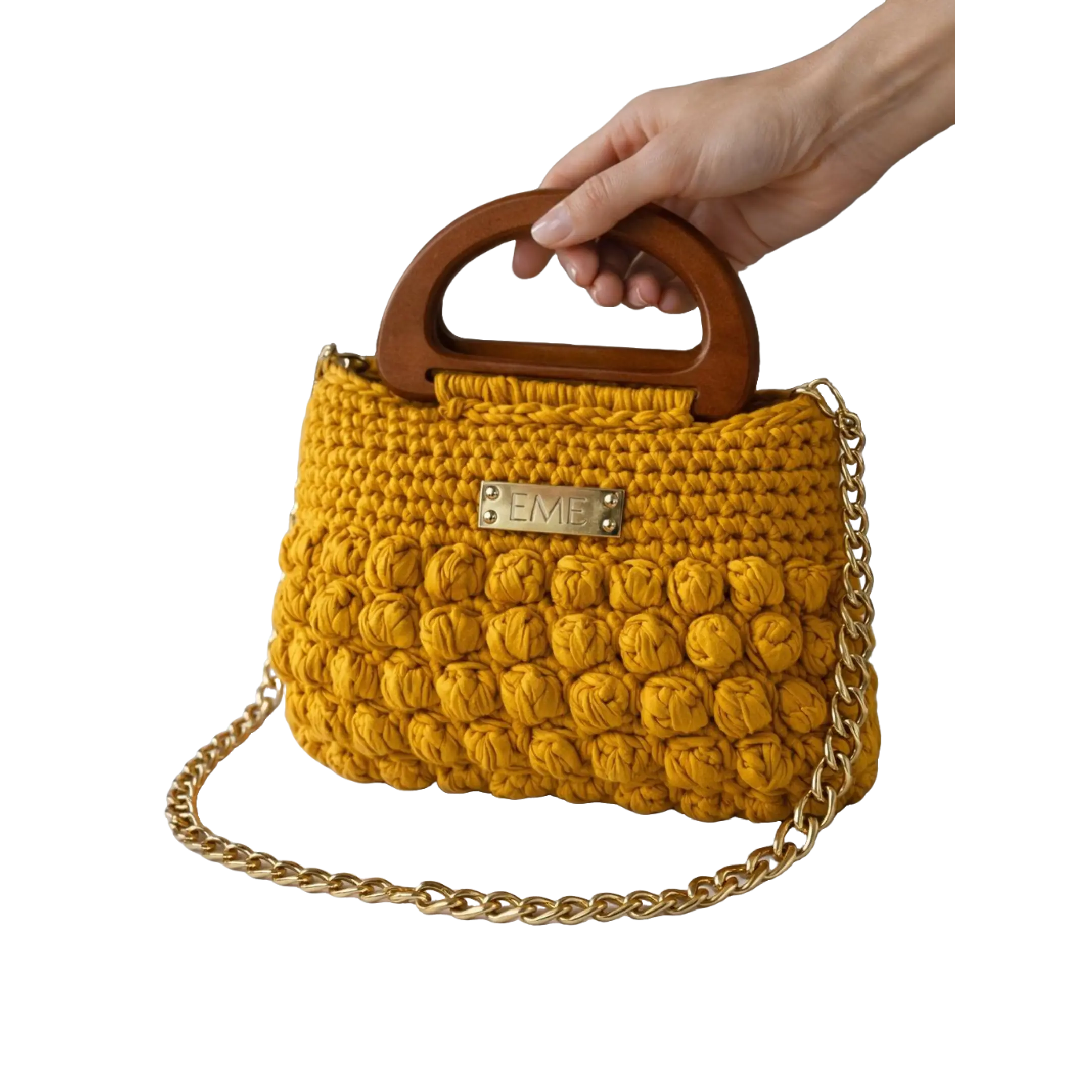 Women's Chic Crochet Handbag, a Handmade Craft in Plain Cotton with a Wood Handle and Chain Strap, Multi-Use Medium Size Casual Shoulder Bag, Tshirt Yarn, Metal Plate