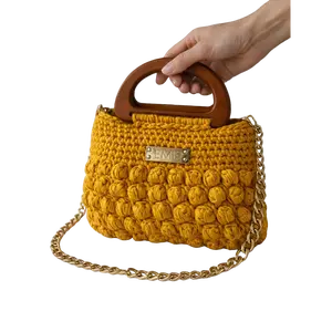Women's Structured Crochet Purse - Mustard Yellow Medium Lightweight Craft Bag, Wood Handle, Gold Chain, Spacious Capacity, Versatile Casual Shoulder & Handbag (Made to Order)