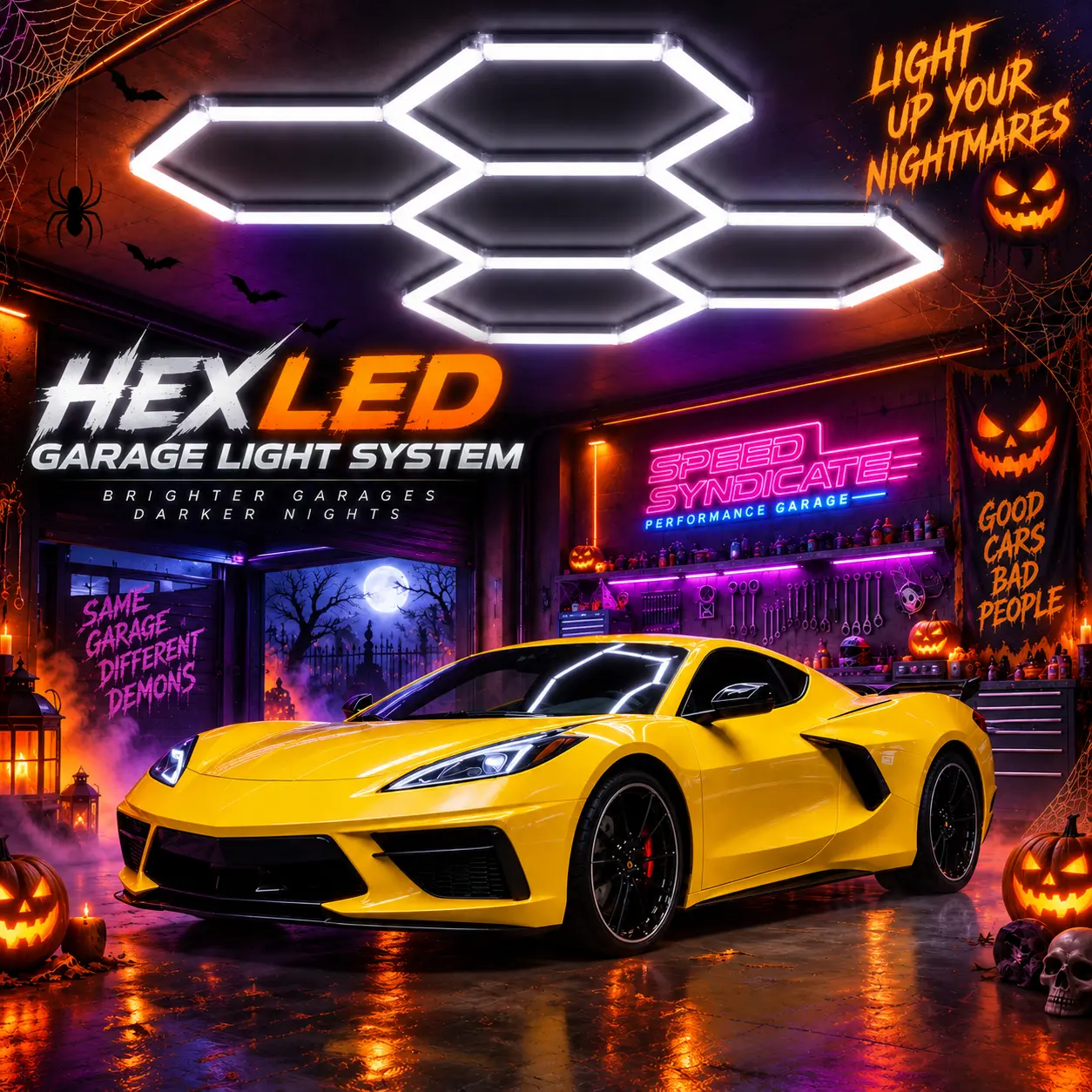 Glitgate DIY Hexagon Ceiling LED Lights, Honeycomb Modular Garage Lighting System - Ultra Bright, Dimmable, Easy to Install for Garage, Workshop, BackToSchool