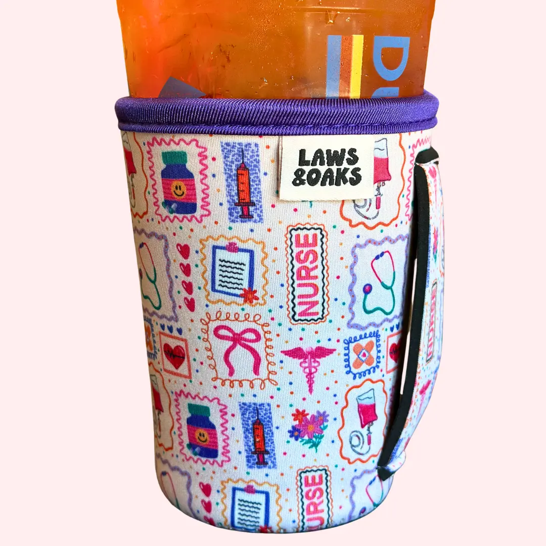 Scrubs & Sips Nurse Drink Sleeve With Handle Attached, Fits 16-32oz Drinks, Reusable Neoprene Cup Sleeve, Eco-Friendly, Comfortable Drink Sleeve for Iced Coffee, Nurse Gift