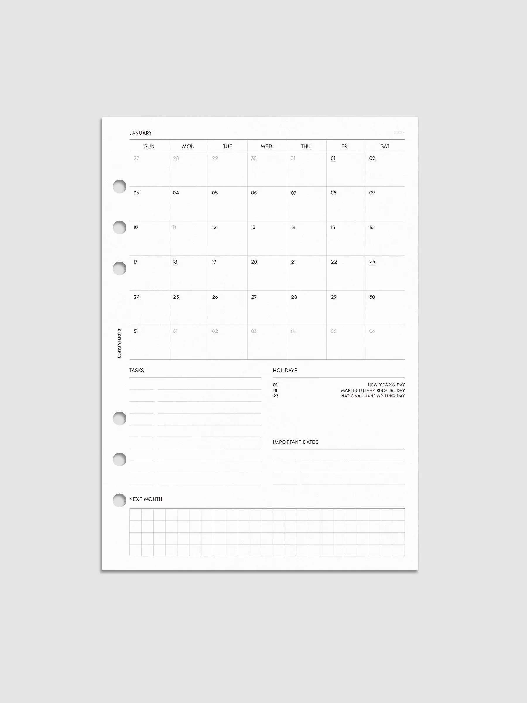 2027 Dated Monthly Admin Planner Inserts | Sunday Start