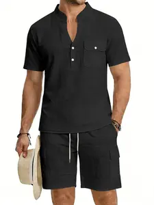 Men's Solid Linen Shirt Set, Deep V-Neck Henley Shirt + Gym Shorts, Linen Blend Two-Piece Workwear Set, Perfect Summer (6 Colors)