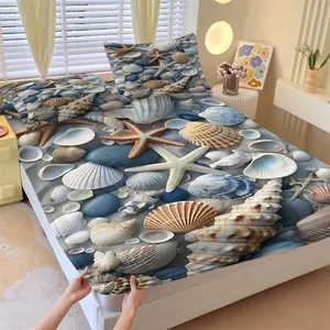 3-Piece Marine Life-Themed Bedding Set, Featuring A Beach Starfish and Seashell Print Fitted Sheet Set, Perfect for A Coastal-Style Bedroom DéCor. Soft, Breathable, and Skin-Friendly (1 Fitted Sheet + 2 Pillowcases).