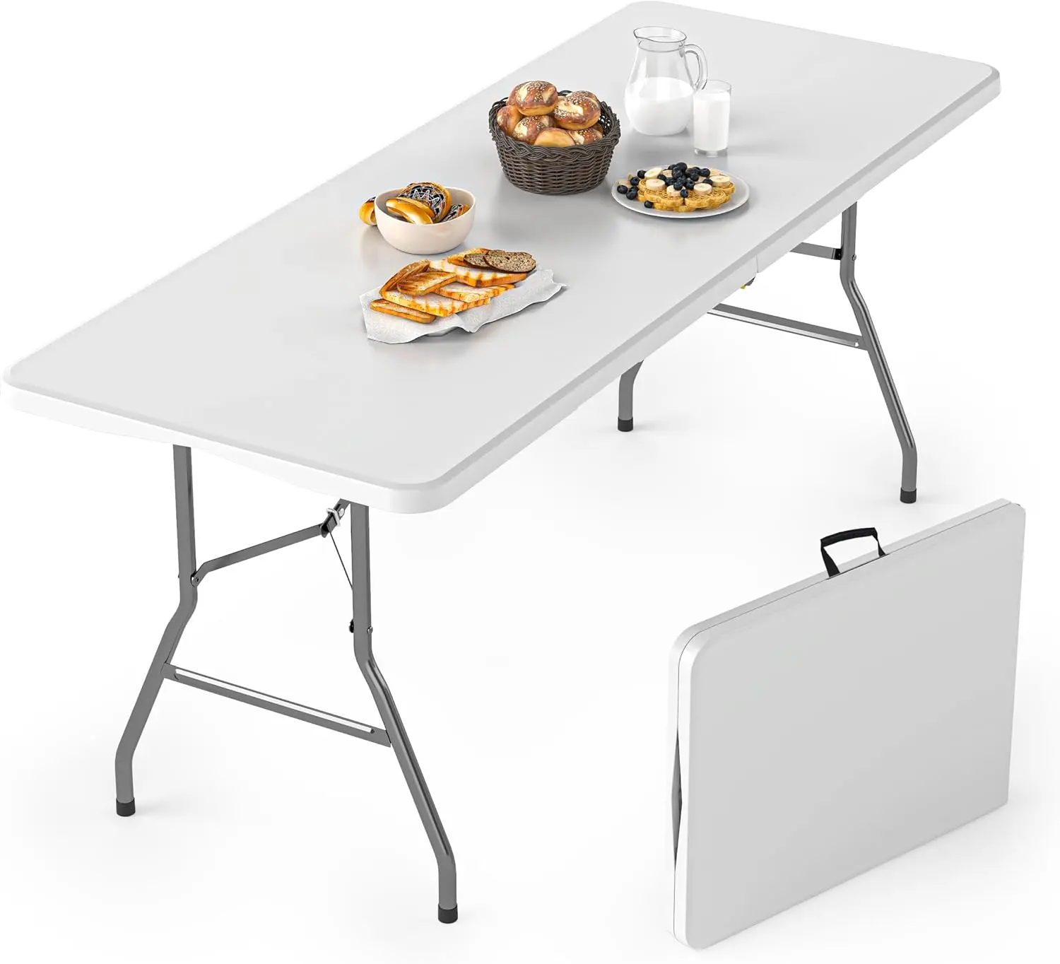 6FT Folding Table, Plastic Foldable Table for Indoor Outdoor, Heavy Duty Portable Dinning Tables with Carrying Handle, Utility Tables for Party, Camping, Banquet, Wedding, Events, Picnic