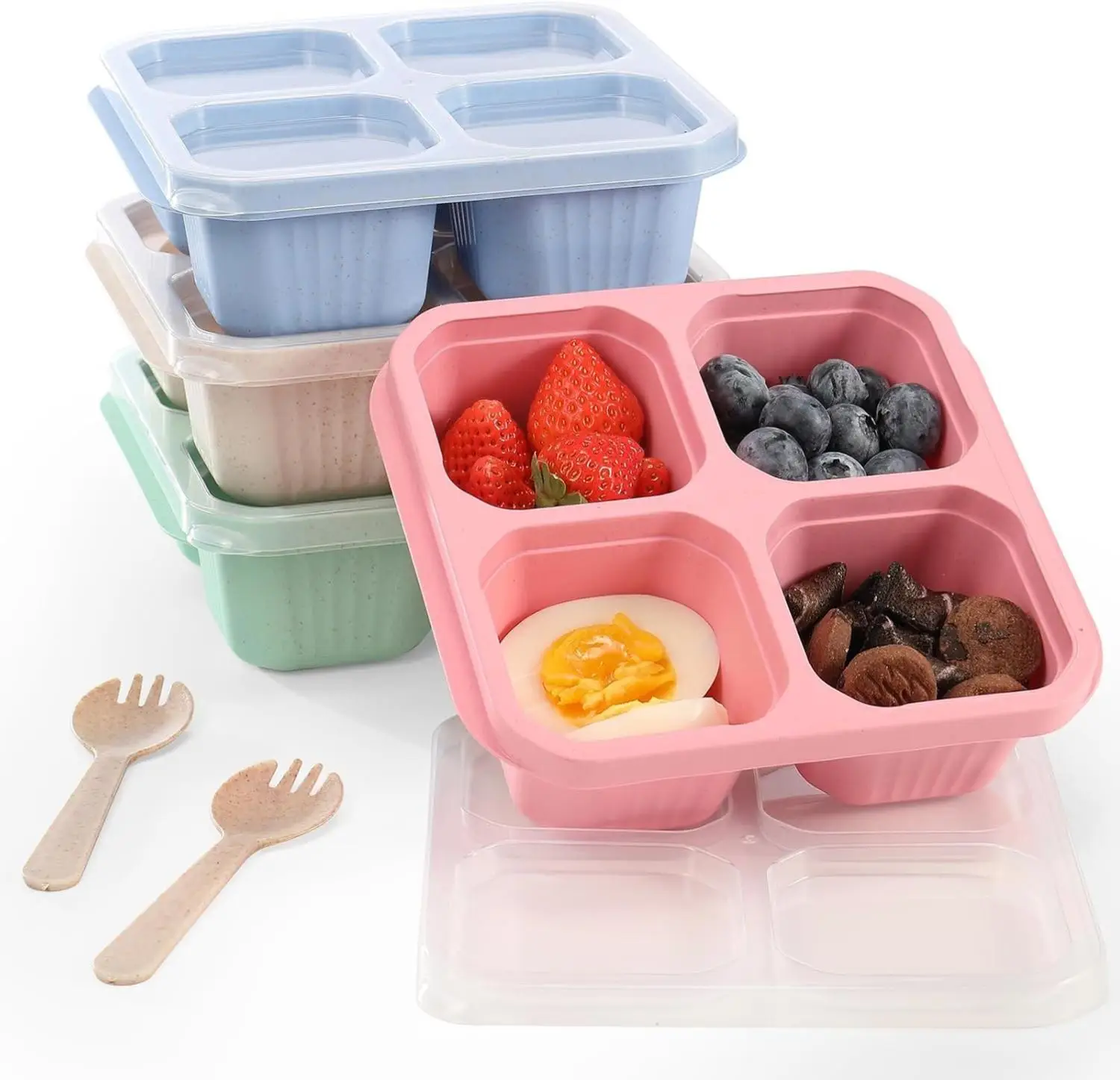 Snack Containers (4 Pack), Reusable 4 Compartment Snack Box, Small Bento Box, Lunchable Containers for Work and Traveling - With Forks