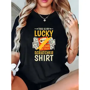 Women's 'This Is My Lucky Scratcher' Graphic T - Shirt with Lottery Ticket & Dollar Bill Prints, Casual Short Sleeve Top for Lottery Enthusiasts, Fun Casual Wear 100% Cotton T-shirt
