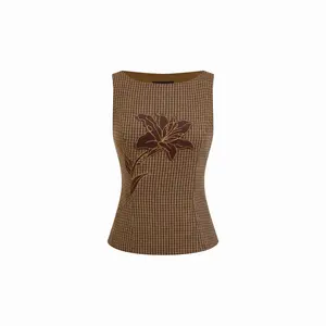 Cider Tweed Floral Applique Check Boat Neck Top