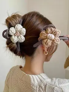 2counts Fashion Flower Decorated Large Hair Claws, Creative Woolen Knitted Flower Hair Claws, Autumn and Winter Casual Versatile Hair Accessories for Women and Girls, Flower Hair Clip, Hair Claws Set