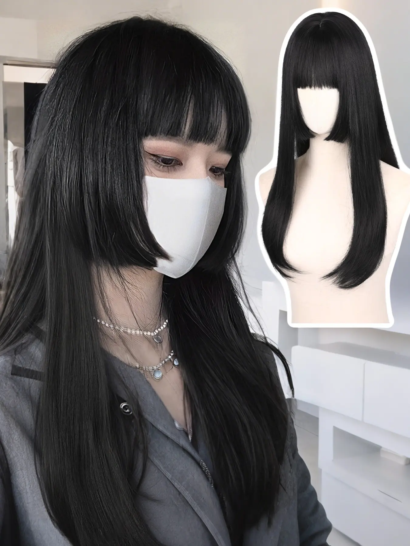 Princess Cut Long Straight Wig with Bangs, Anime Style, Hairstyle Wigs, Synthetic Fiber, Straight Synthetic Wigs, Suitable for Role Play and Daily Wear, Parties, Festivals, Synthetic Hair Wig