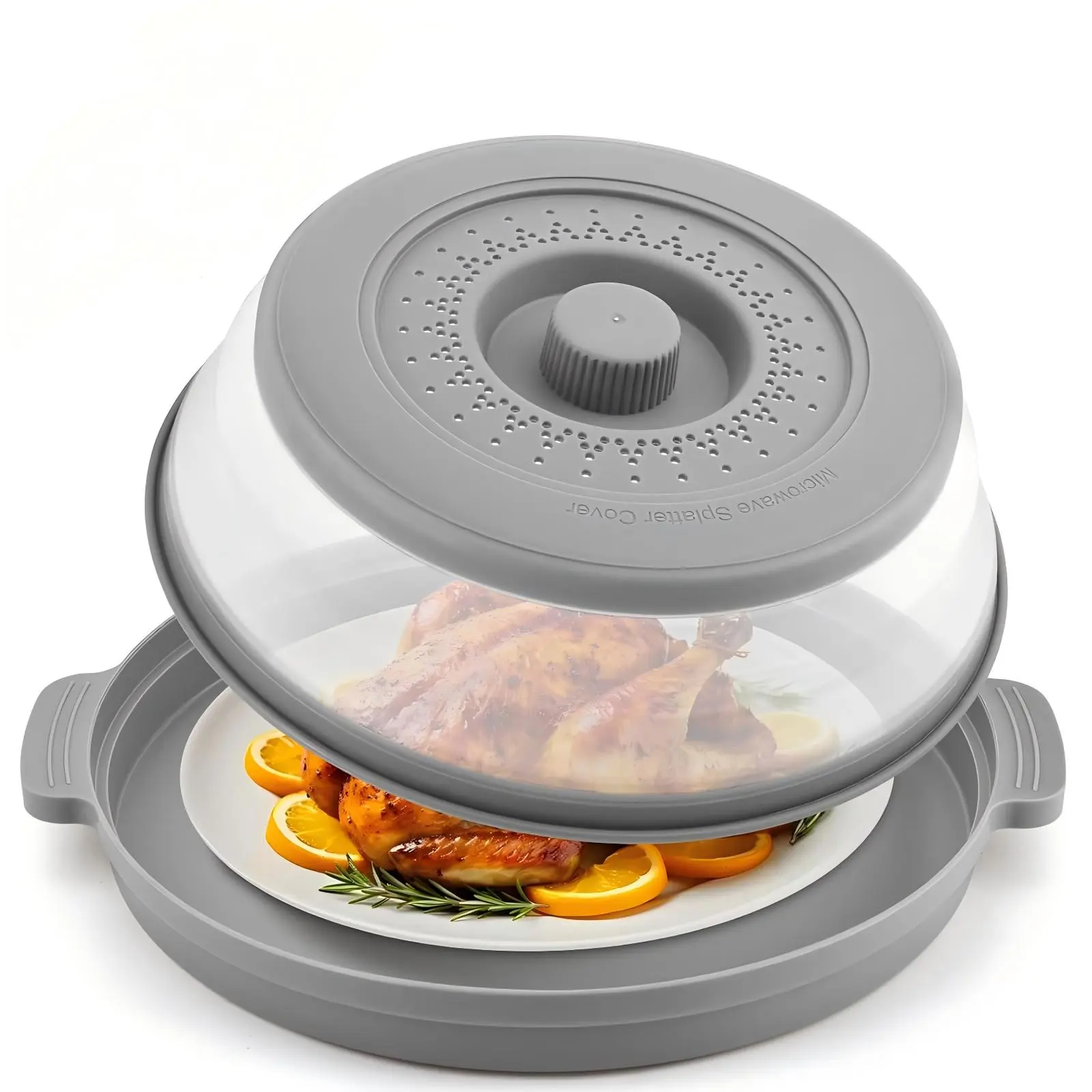 10.7 in Round 2-in-1 BPA-Free Silicone Microwave Food Splatter Cover for Oven, Anti-Scald Plastic Base Plate, Vented Top Collapsible Guard Lid, Essential Kitchen Meal Prep Gadget for Mothers