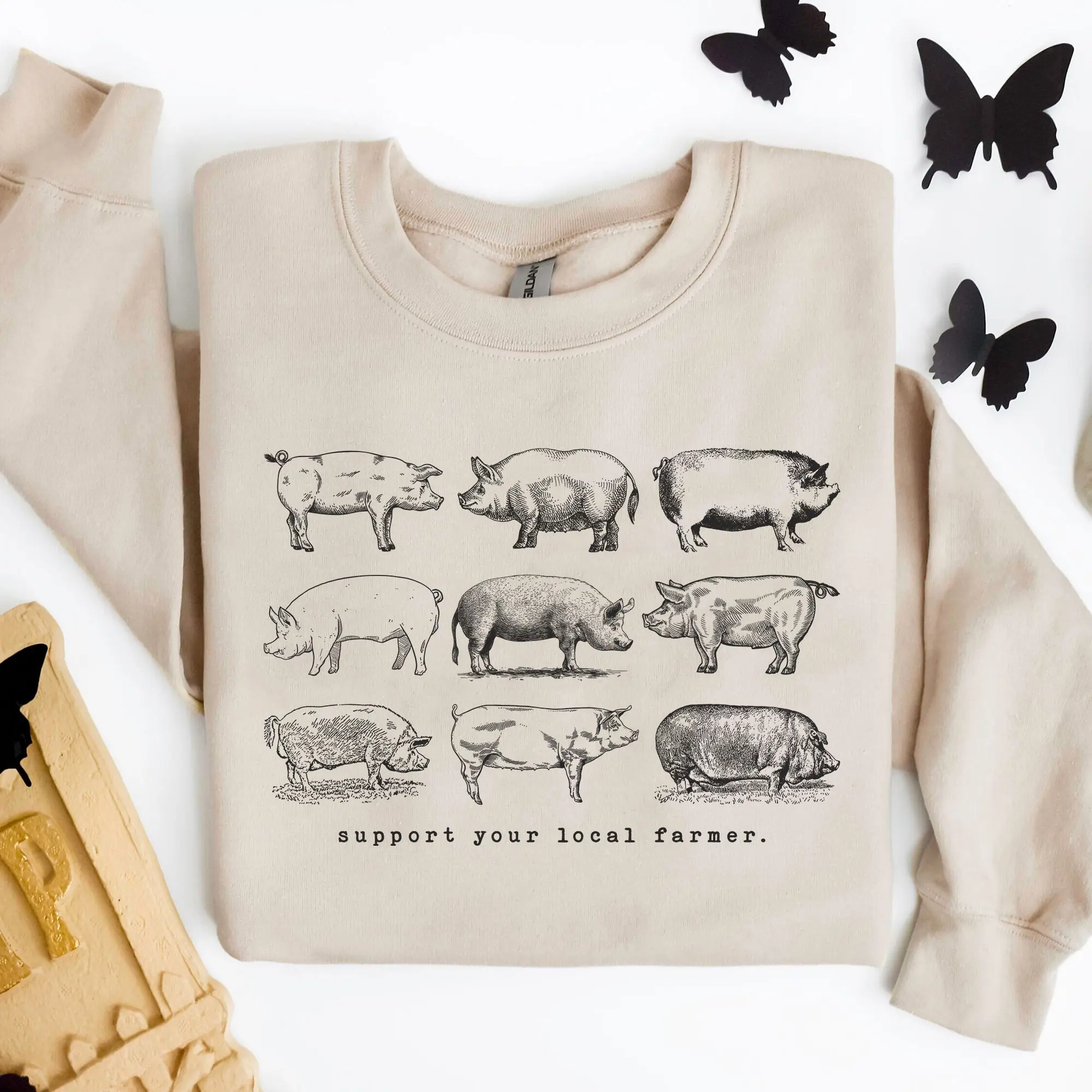 Support Your Local Farmer Pig Sweatshirt Vintage Farm Animals Sweater Homestead Wife Farming Clothes Trendy Agriculture Homesteading Gifts