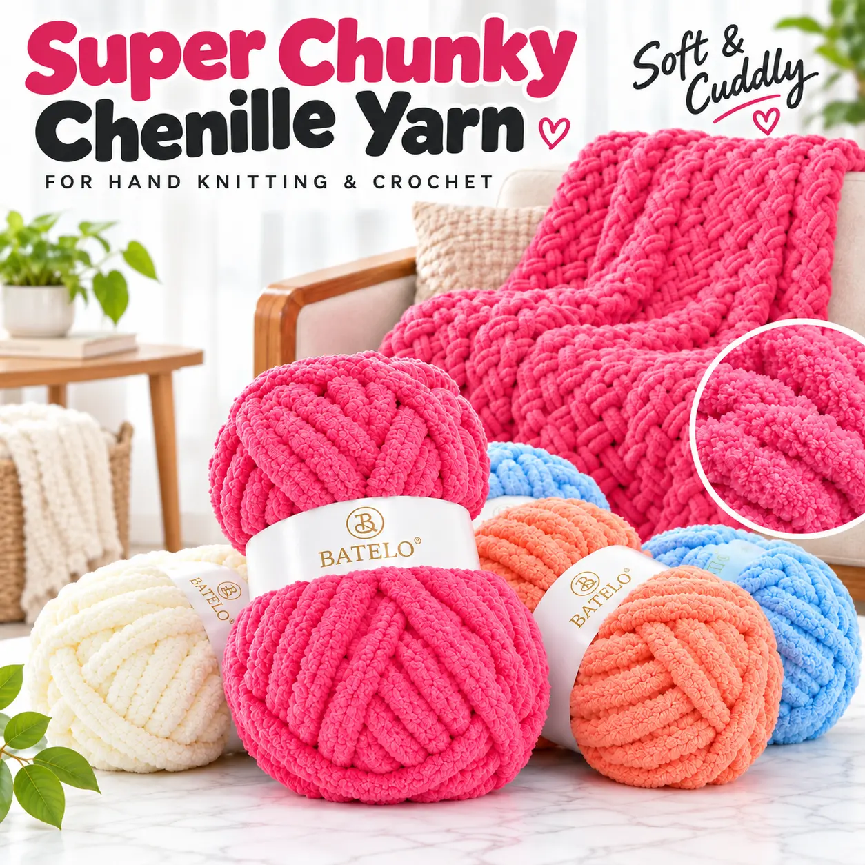 BATELO Chunky Chenille Fuzzy Yarn 8-Pack - 8oz/25yds Each, Bulky Cozy Warmth Knitting Supplies for Hand Knitting, Blanket Craft Projects, Crochet Style, DIY Use Diy Knitting Supplies Knitting Kit Blue Yarn