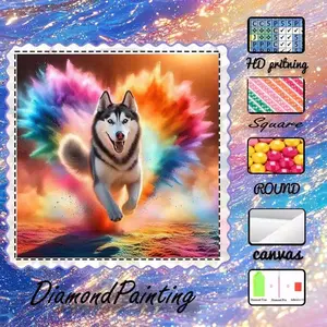 DIY 5D flocked diamond painting kit, AB diamond, fairy dust diamond, crystal diamond, Husky, rainbow, dynamic diamond embroidery, special craft diamond art set, wall decoration, perfect gift for family, loved ones, and friends.