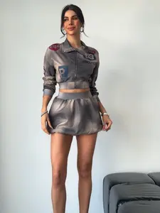 Lebella Nova Color Block Loose Fitting Jacket and Bubble Skirt Set Comfortable Womenswear