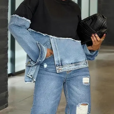 Women's Asymmetric Raw Edge Denim Spliced Crew Neck Sweatshirt, Irregular Slant Button Loose Color-block Long Sleeve Denim Top, Versatile Casual Spliced Denim Jacket, Suitable For Spring, Autumn And Winter