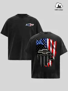 Retro Chevrolet American Flag Washed T-Shirt — A short-sleeve tee featuring the iconic Chevrolet logo, crafted with truck enthusiasts in mind. The perfect choice for unisex casual wear, race-day attire, durable everyday outfits, and vacation styling.