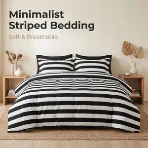 Bedsum Microfiber Striped Printed Duvet Cover Set, Ultra Soft Striped Comforter Cover Set with Zipper and Corner Ties