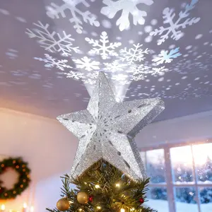 Lighted Silver 3D Hollow Sparkling Star Christmas Tree Topper with Rotating Magic Cool White Snowflake Projector for Christmas Tree Ornament
