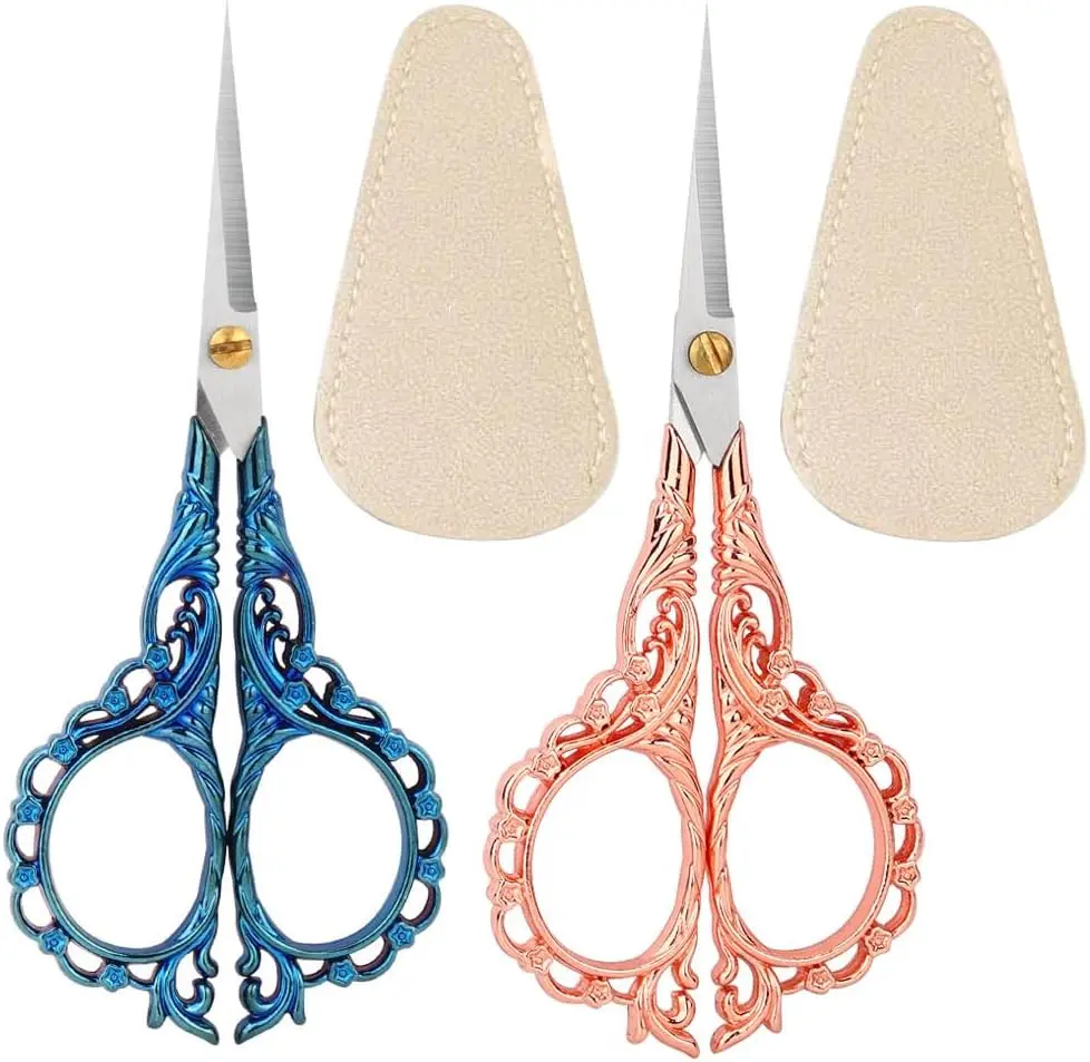 2-Pack 5-In Stainless Steel Threading Shears with Peach Blossoms Handle, Anti-Rust Tips, Pointed Edge, Titanium Finish, Cover, Innovative Design - Handmade Art DIY Sewing Embroidery Tools for Tailors, Art Work