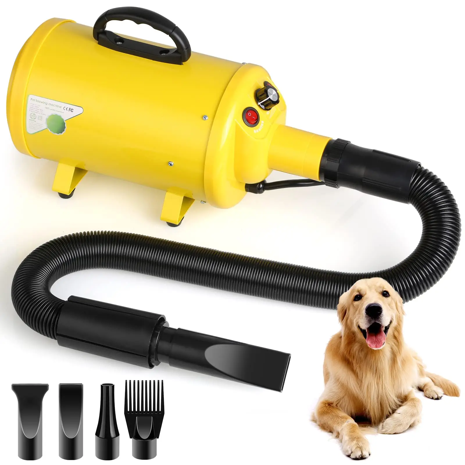 Dog Hair Dryer, 3.8HP 2800W Pet Grooming Blower for Large Dogs Hair Force Blaster with Heat, Stepless Speed Adjustable Strong Power Wind, Yellow Quali
