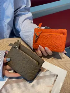 Elegant Embossed Leather Wallet, Four Color Options, Fashionable Short Zipper Wallet, Unisex Small Bag, High-End Floral Design Genuine Leather Coin Purse