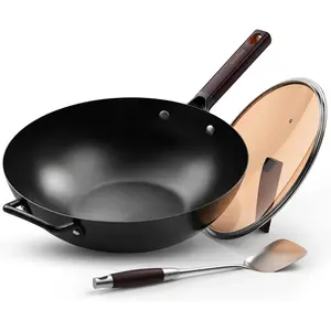 13.5" Pre-Seasoned Carbon Steel Flat Bottom Wok Pan with Lid & Spatula, Chinese Stir-fry Cookware for Pan-fry, Stir Fry, Steam, BBQ & Camping, Compatible with Induction and Gas