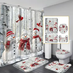 1PC/4PCS 2D Flat Printing Winter Joy Red and White Scarf Snowmen Snow Scene Patterned shower curtain, home bathroom decor, shower curtain set with 12 hooks, non-slip bathroom rug, U-shaped toilet seat cover, toilet seat mat.