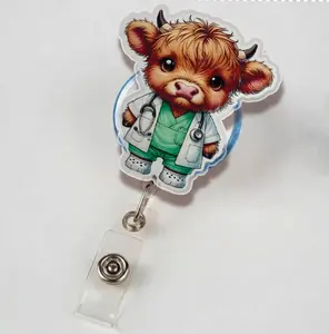 Highland Cow In Scrubs Retractable Badge Reel- Cute Cow with Coffee ID Badge Holder for Nurses, Pediatrics, NICU Labor and Delivery Name Badges for Healthcare Staff