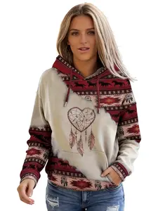 Western print tribal wear - Red Women’s Ethnic Pattern Hoodie with Dreamcatcher & Horse Print - Patchwork Drawstring Design, Casual Long Sleeve Drop Shoulder Sweatshirt, All-Season Ladies Wear for Daily & Outdoor Activities