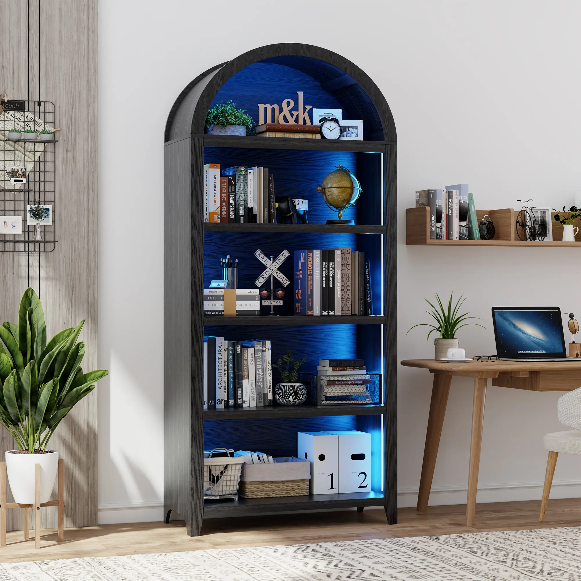 Vlsrka Arched Bookcase - 5 Layers Bookshelf with 3 Colors LED Sensor Lights and Thickened Wooden Design Display Shelf for Lego Books Bathroom Living Room - Ideal Gift
