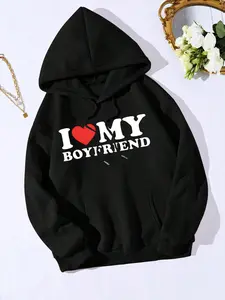 I Love My Boyfriend Print Pocket Hoodie, Fashion Casual Letter Print Hooded Sweatshirt Pullover for Daily Holiday Outdoor Wear, Girls Clothing for All Seasons, Long Sleeves