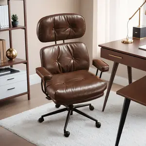 Ergonomic Home Office Chair, Mid-Century Modern Leather Chair with Lumbar Support, High Back Swivel Rolling Executive Chair with Comfy Thick Cushion (Brown, PU Leather)