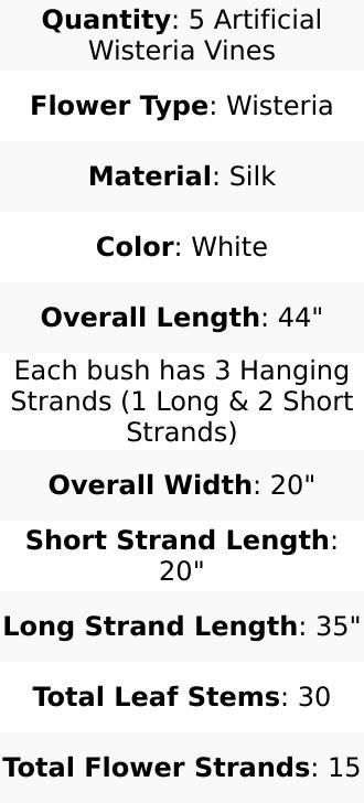 5 Pack 44" Silk Hanging Wisteria Flower Garland Vines in White, 3 Strands in 1 Bush