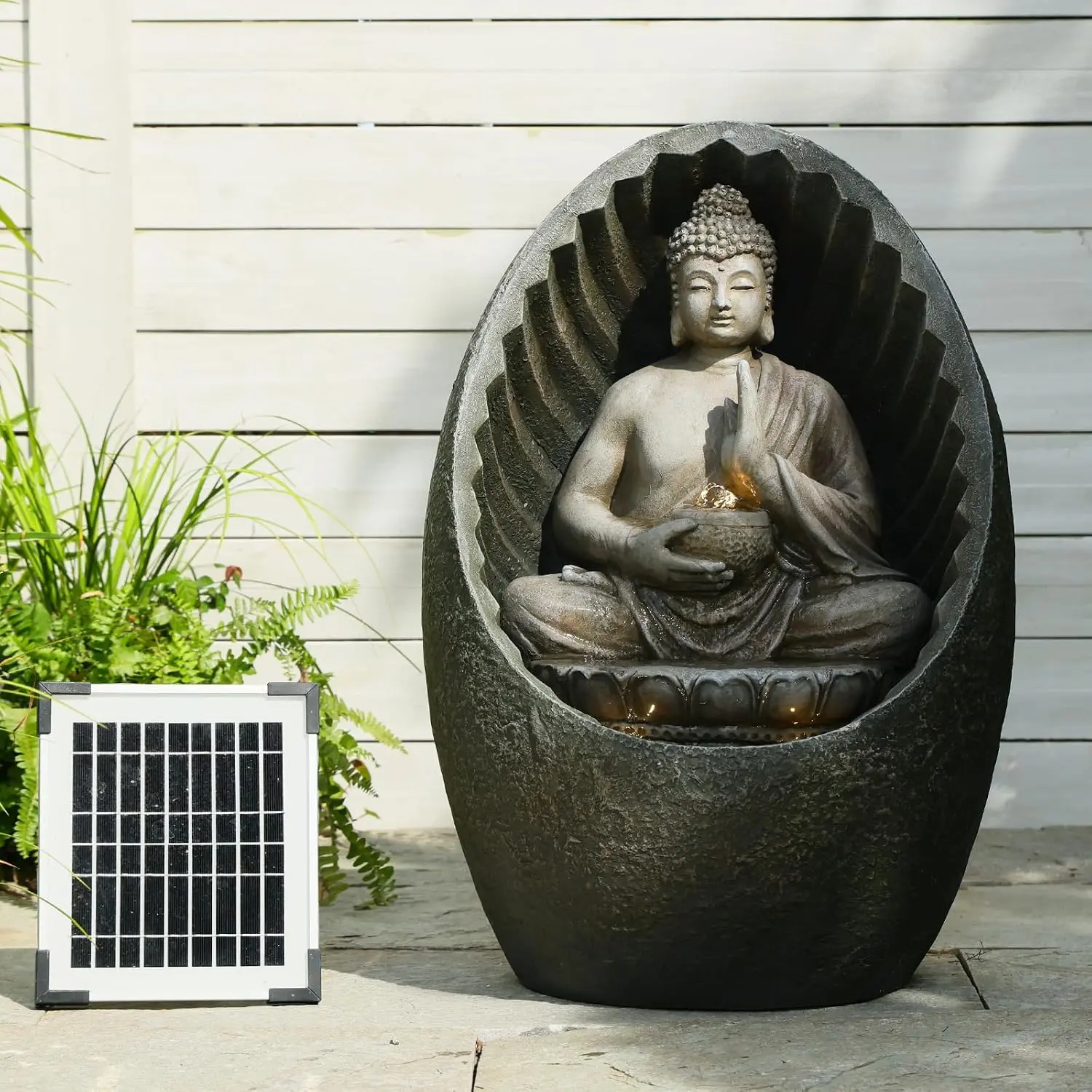 Tankana Half-Encased Egg-Shaped Zen Buddha Water Fountain with Light & Pump, Indoor-Outdoor Home Decor for Garden, Meditation Room, Tranquil Relaxing Religious Water Feature